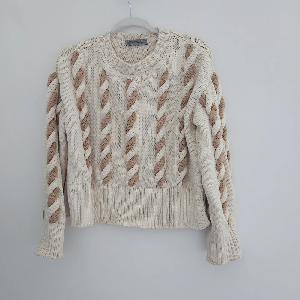 SPORTMAX Gatti Cream And Brown Chunky Braided Cableknit Sweater - Picture 9 of 10